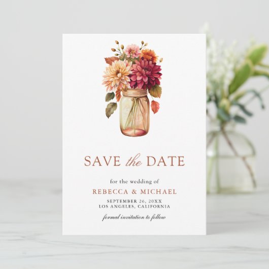 Herfst Dahlia Mason Jar foto bruiloft Save The Date (Staand voorkant)