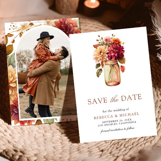 Herfst Dahlia Mason Jar foto bruiloft Save The Date
