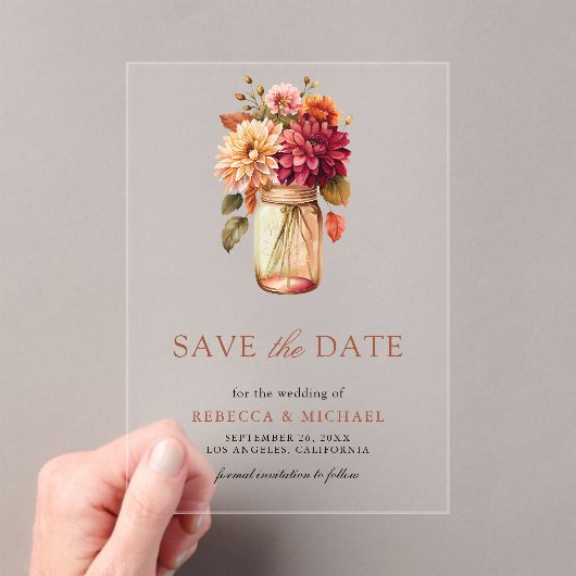 Herfst Dahlia Mason Jar Wedding Save the Date Acryl Uitnodigingen (Insitu (Draagbaar))