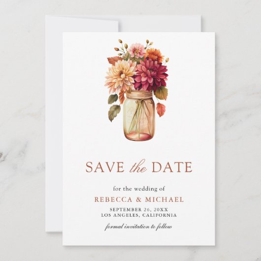 Herfst Dahlia Mason Pot Foto Bruiloft Save The Date (Voorkant)