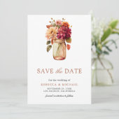 Herfst Dahlia Mason Pot Foto Bruiloft Save The Date (Staand voorkant)
