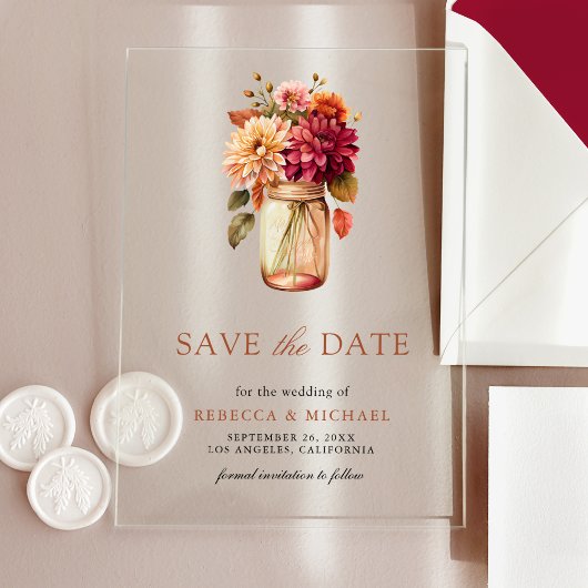 Herfst Dahlia Mason Pot Huwelijk Save the Date Acryl Uitnodigingen