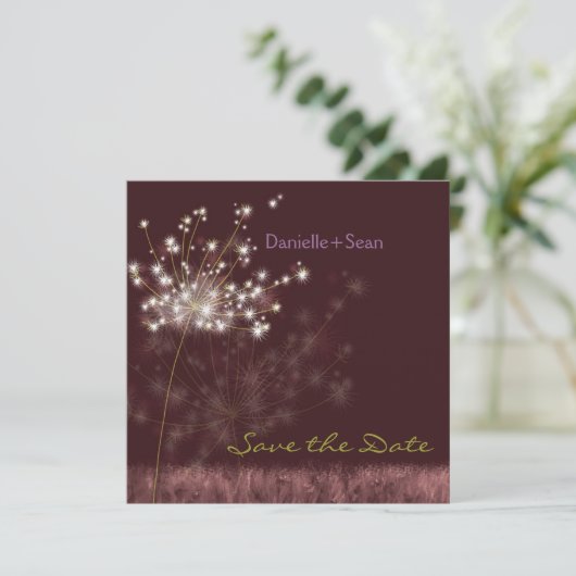 Herfst Dandelions Burgundy Wedding Save the Date (Staand voorkant)