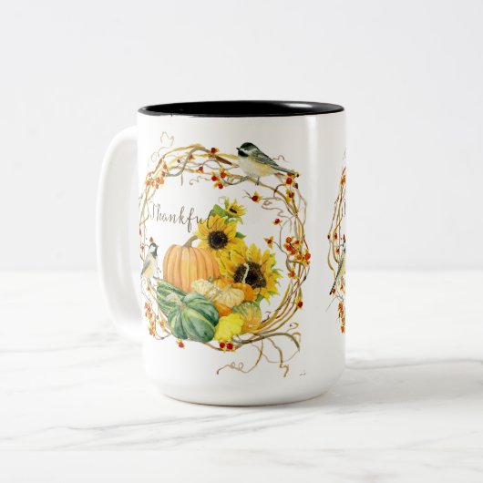 Herfst Dankbaar Zonnebloem Bloemen Pompoen Waterve Tweekleurige Koffiemok (Voorkant links)