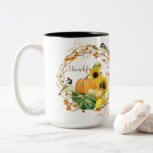 Herfst Dankbaar Zonnebloem Bloemen Pompoen Waterve Tweekleurige Koffiemok (Met donut)
