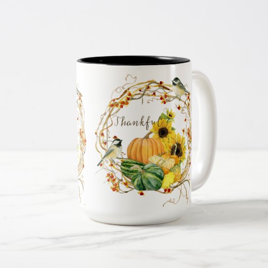 Herfst Dankbaar Zonnebloem Bloemen Pompoen Waterve Tweekleurige Koffiemok (Voorkant rechts)