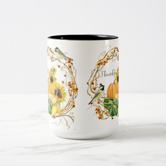 Herfst Dankbaar Zonnebloem Bloemen Pompoen Waterve Tweekleurige Koffiemok (Center)