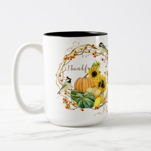 Herfst Dankbaar Zonnebloem Bloemen Pompoen Waterve Tweekleurige Koffiemok (Links)