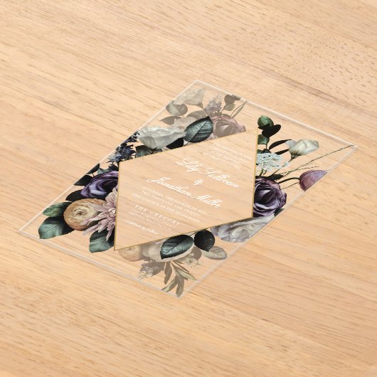 Herfst Dark Moody Bloemen Lijst Paarse bruiloft Acryl Uitnodigingen (Laagn)