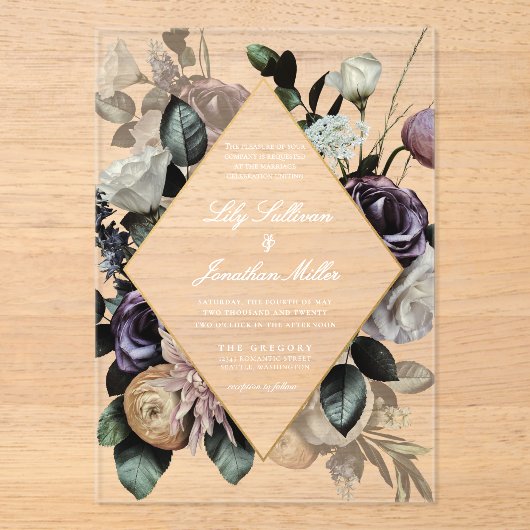 Herfst Dark Moody Bloemen Lijst Paarse bruiloft Acryl Uitnodigingen (Voorkant)