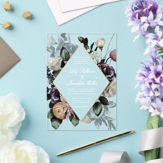 Herfst Dark Moody Bloemen Lijst Paarse bruiloft Acryl Uitnodigingen (Insitu (Huwelijk))