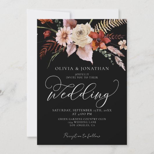 Herfst Dark Moody Bloemen Zwart Terracotta Bruilof Kaart (Voorkant)