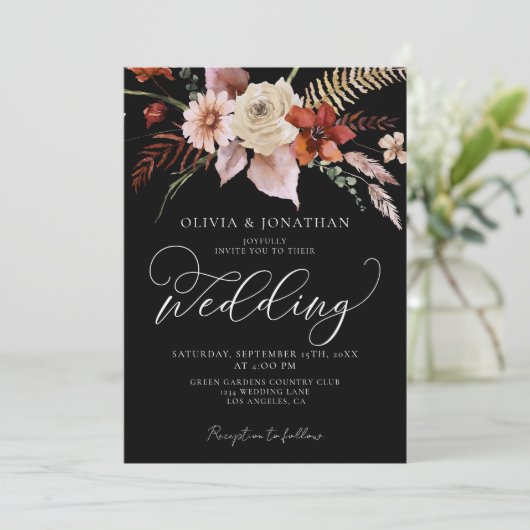 Herfst Dark Moody Bloemen Zwart Terracotta Bruilof Kaart (Staand voorkant)