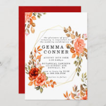 Herfst Dark Red Oranje Floral Gold Wedding Invitae