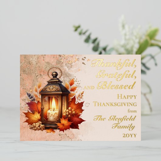 Herfst Deur Thanksgiving Dankbaar Gelukkig Gezegen Folie Feestdagenkaart (Staand Voorkant)