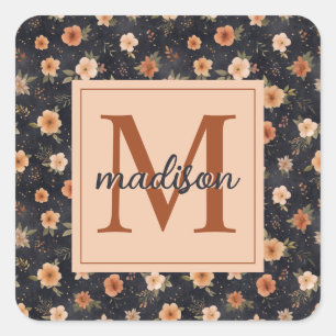 Herfst Donker Moody Terracotta Bloemenmonogram Naa Vierkante Sticker