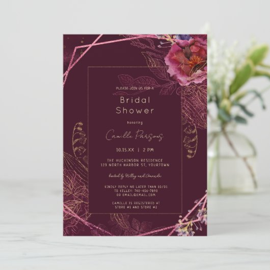 Herfst Donkere Wijn Bloemig Maaswerk Bruidsdiner Kaart (Staand voorkant)