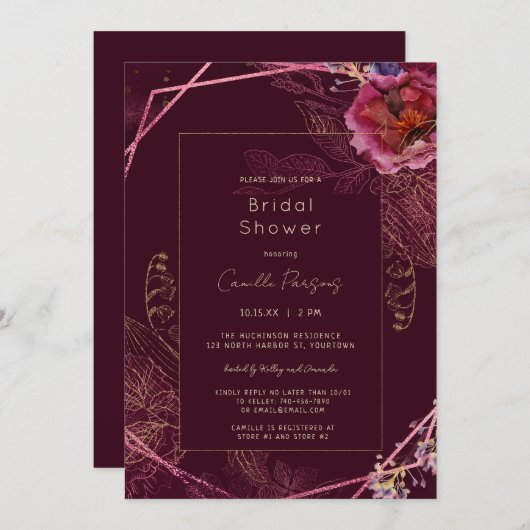 Herfst Donkere Wijn Bloemig Maaswerk Bruidsdiner Kaart (Voorkant / Achterkant)