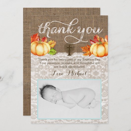 Herfst doop Dank u Kaarten voor Boy, Pompoenen (Voorkant / Achterkant)