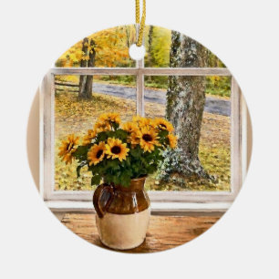Herfst door een raam gezien keramisch ornament