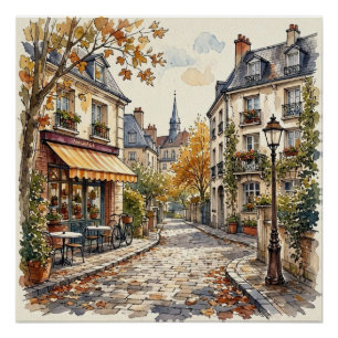 Herfst Dorpsstraat Waterverf Europees Café Kunst Perfect Poster