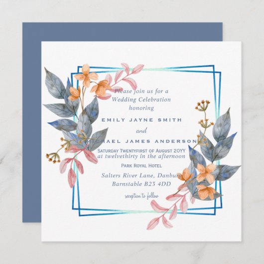 Herfst Dusty Blue Oranje Leaf Wedding nodigt budge (Voorkant / Achterkant)