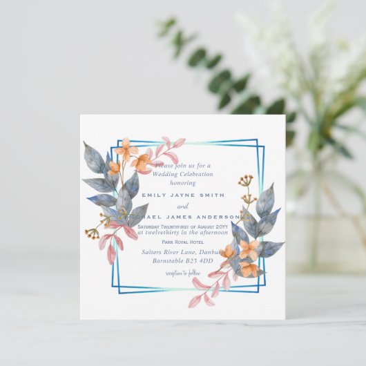 Herfst Dusty Blue Oranje Leaf Wedding nodigt budge (Staand voorkant)
