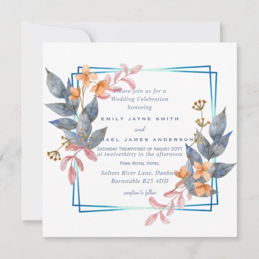 Herfst Dusty Blue Oranje Leaf Wedding nodigt budge (Voorkant)