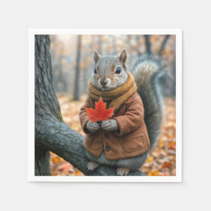 Herfst Eekhoorn Met Een Rode Maple Leaf Servet