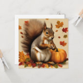 Herfst Eekhoorn met Pompoen en Vallende Bladeren Kaart (Voorkant / Achterkant in situ)
