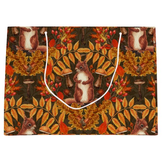 Herfst eekhoorn op donkerbruin groot cadeauzakje (Voorkant)