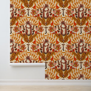Herfst eekhoorn op off white behang