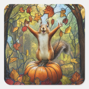 Herfst Eekhoorn op Pompoen Glas in Lood Kunst Vierkante Sticker