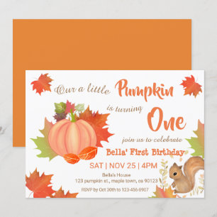 Herfst Eekhoorn Pumpkin Eerste Birthday Uitnodigin Kaart