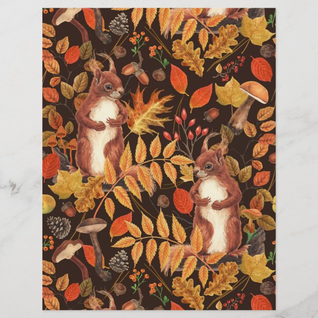 Herfst eekhoorns en flora op donkerbruin (Voorkant)