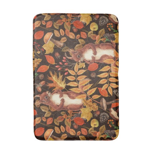 Herfst eekhoorns en flora op donkerbruin badmat (Voorkant Verticaal)