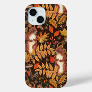 Herfst eekhoorns en flora op donkerbruin iPhone 15 case