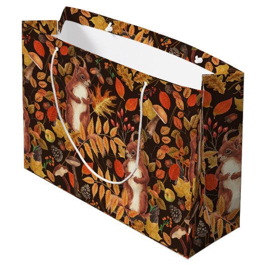 Herfst eekhoorns en flora op donkerbruin groot cadeauzakje (Achterkant Gekanteld)