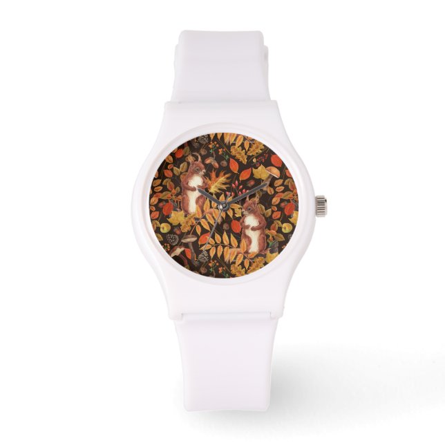 Herfst eekhoorns en flora op donkerbruin horloge (Voorkant)