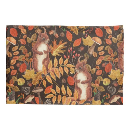 Herfst eekhoorns en flora op donkerbruin kussensloop (Achterkant-Links)