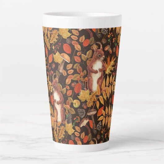 Herfst eekhoorns en flora op donkerbruin latte mok (Voorkant)