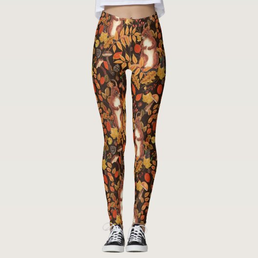 Herfst eekhoorns en flora op donkerbruin leggings (Voorkant)
