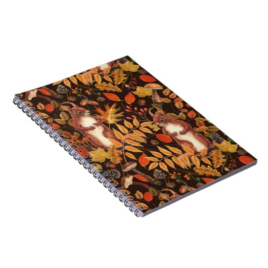 Herfst eekhoorns en flora op donkerbruin notitieboek (Rechterzijde)