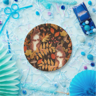 Herfst eekhoorns en flora op donkerbruin papieren bordje