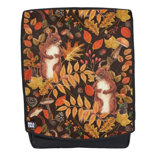 Herfst eekhoorns en flora op donkerbruin rugtassen (Voorkant)