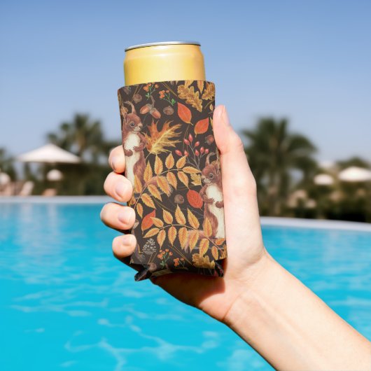 Herfst eekhoorns en flora op donkerbruin seltzer blikjeskoeler (Insitu Zwembad)