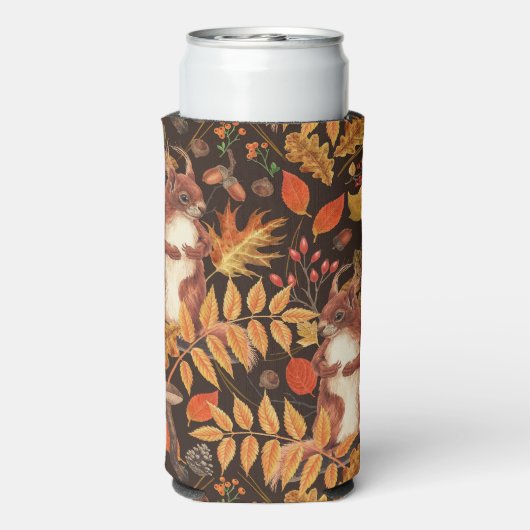 Herfst eekhoorns en flora op donkerbruin seltzer blikjeskoeler (Seltzer Achterkant)