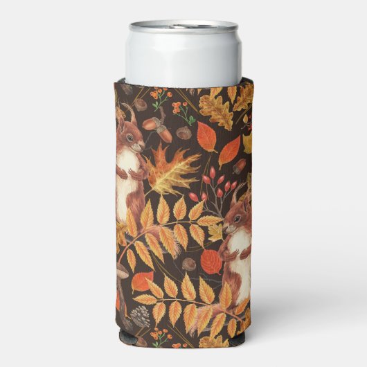Herfst eekhoorns en flora op donkerbruin seltzer blikjeskoeler (Seltzer Voorkant)
