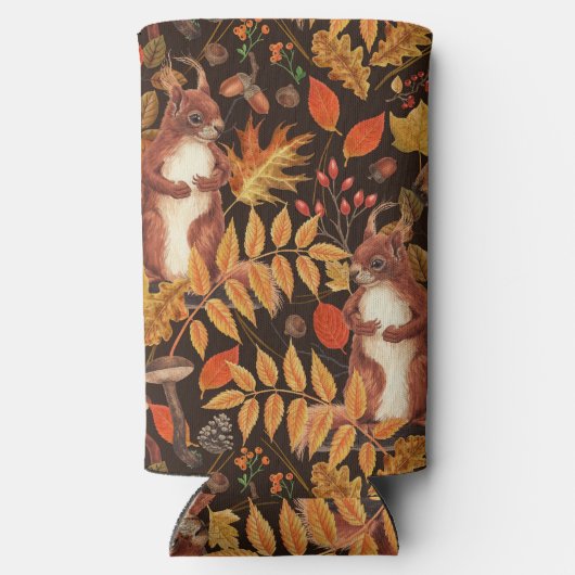Herfst eekhoorns en flora op donkerbruin seltzer blikjeskoeler (Achterkant)