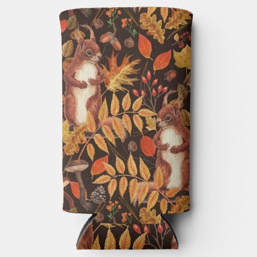 Herfst eekhoorns en flora op donkerbruin seltzer blikjeskoeler (Voorkant)